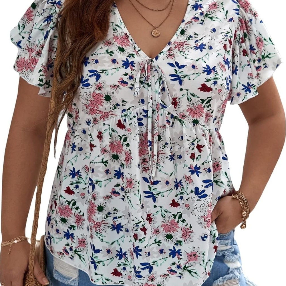 Floral Tie-Front V-Neck Babydoll Top - White/Pink/Blue